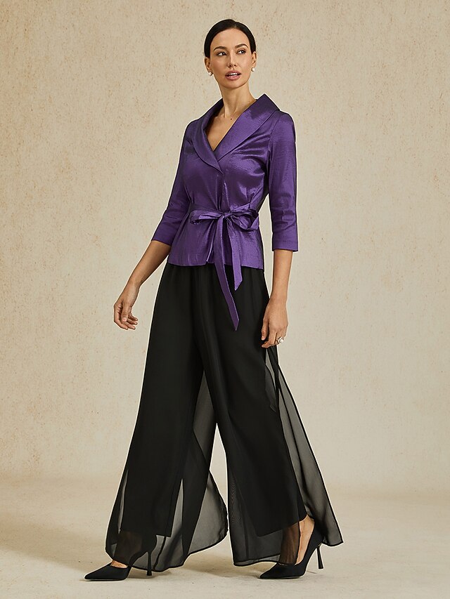 Women's Blouse Evening Tops Solid Color Plain Elegant Metallic Stylish 3/4 Length Sleeve V Neck Regular Tops Wedding Guest Evening Party Semi Formal Tie Front Eggplant Spring, Fall, Winter, Summer 9