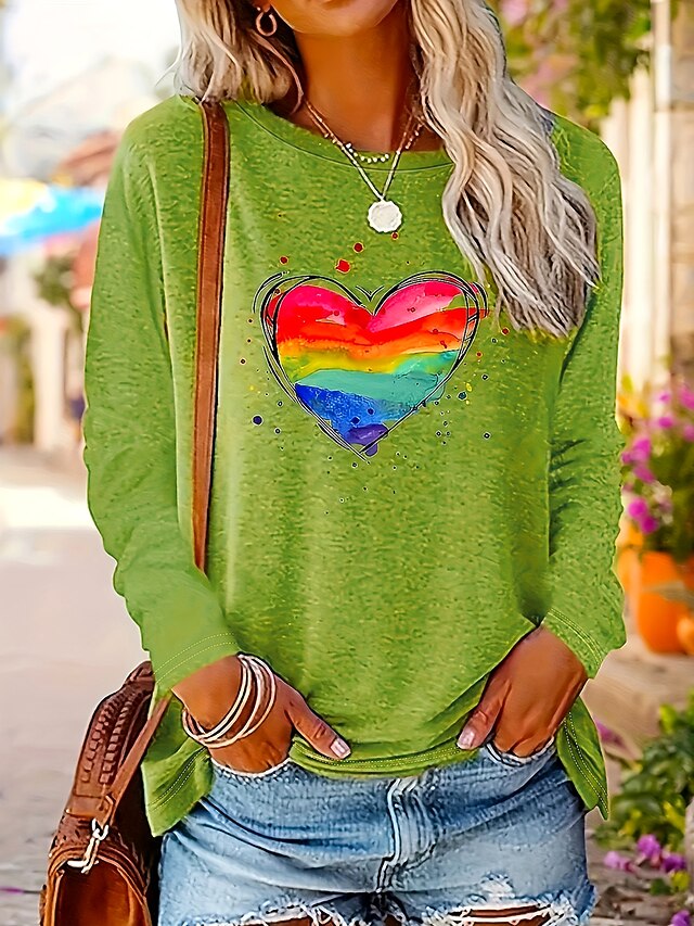 Women's T Shirt Heart Graphic Rainbow Vintage Stylish Classic Long Sleeve Crew Neck Round Neck Regular Tops Daily Print Grass Green Summer Spring Fall4