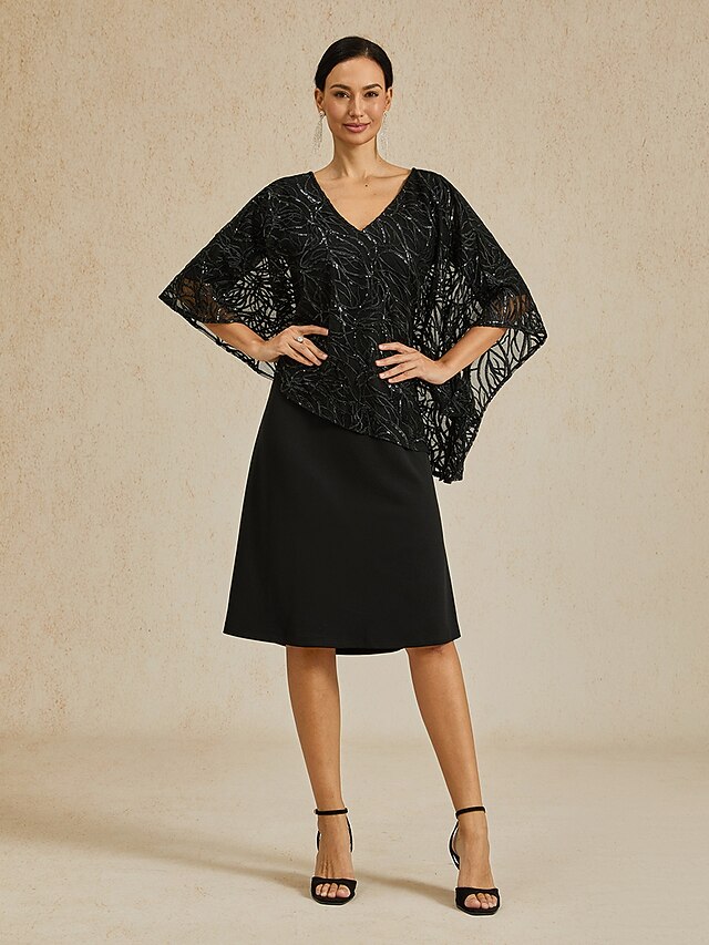 Women's Tea Length Chiffon Dress Elegant Party Solid Color Half Sleeve V Neck Black Summer Spring 5