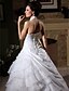 cheap The Wedding Store-Ball Gown Wedding Dresses Halter Neck Chapel Train Organza Beaded Lace Regular Straps with Beading Appliques Side-Draped 2022