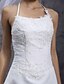 billige Brudekjoler-A-linje Brudekjoler Spaghettistropper Te-længde Organza Uden ærmer Små Hvide Kjoler med Blonde Krøllede Folder Perlearbejde 2020