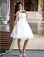 billige Brudekjoler-A-linje Brudekjoler Scoop Neck Knælang Satin Tyl Regelmæssige stropper Små Hvide Kjoler med Bælte / bånd Perlearbejde 2020