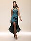 cheap Special Occasion Dresses-Sheath / Column Celebrity Style High Low See Through Cocktail Party Formal Evening Dress Halter Neck High Neck Sleeveless Asymmetrical Floor Length Stretch Satin Satin Chiffon with Appliques Bandage