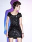 cheap Cocktail Dresses-Sheath / Column Little Black Dress Beaded &amp; Sequin Cute Holiday Homecoming Cocktail Party Dress Bateau Neck Boat Neck Short Sleeve Short / Mini Sequined with Beading Bandage 2021