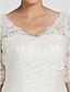 cheap Wedding Dresses-A-Line Wedding Dresses V Neck Chapel Train Taffeta Half Sleeve See-Through with Beading Appliques Side-Draped 2021