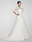 cheap Wedding Dresses-A-Line Wedding Dresses V Neck Chapel Train Taffeta Half Sleeve See-Through with Beading Appliques Side-Draped 2021