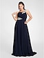 cheap Plus Size Dresses-A-Line Elegant Dress Wedding Guest Prom Sweep / Brush Train Sleeveless One Shoulder Chiffon with Ruched Beading