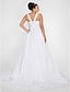 cheap Wedding Dresses-A-Line Wedding Dresses V Neck Chapel Train Chiffon Regular Straps Formal Sparkle &amp; Shine Plus Size with Ruched Beading Draping 2022
