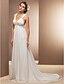 cheap Wedding Dresses-Sheath / Column Wedding Dresses V Neck Court Train Chiffon Sleeveless See-Through with Beading Appliques Flower 2021