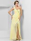 cheap Evening Dresses-Sheath / Column Floral Wedding Guest Prom Dress One Shoulder Sleeveless Floor Length Chiffon with Crystals Slit Appliques 2022