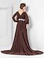 preiswerte Abendkleider-A-Linie Elegant Kleid Formeller Abend Bodenlanger Rock Langarm V Ausschnitt Chiffon V Zurück mit Plissee Applikationen 2023