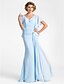 cheap Mother of the Bride Dresses-Mermaid / Trumpet Mother of the Bride Dress Vintage Inspired V Neck Floor Length Chiffon Short Sleeve with Beading Side Draping Crystal Brooch 2021 / Butterfly Sleeve