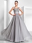 cheap Evening Dresses-A-Line Elegant Formal Evening Dress Illusion Neck Sleeveless Floor Length Chiffon Tulle with Appliques 2021