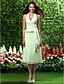 cheap Bridesmaid Dresses-A-Line / Princess V Neck / Halter Neck Tea Length Chiffon Bridesmaid Dress with Side Draping by LAN TING BRIDE®