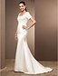 cheap Wedding Dresses-Mermaid / Trumpet Wedding Dresses Scoop Neck Court Train Lace Satin Short Sleeve with Pearl Ruched 2022