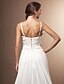 preiswerte Hochzeitskleider-A-Linie Hochzeitskleider U-Ausschnitt Pinsel Schleppe Chiffon Spaghettiträger Formal mit Gerafft Blume 2021