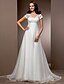 cheap Wedding Dresses-A-Line Wedding Dresses Court Train Short Sleeve V Neck Lace With Beading 2023 Fall Bridal Gowns