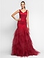 cheap Special Occasion Dresses-Mermaid / Trumpet Elegant Dress Holiday Cocktail Party Sweep / Brush Train Sleeveless V Neck Tulle with Criss Cross Ruffles 2023