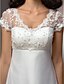 olcso Menyasszonyi ruhák-A-vonalú Esküvői ruhák Udvariuszály Rövid ujjú V-alakú Csipke Val vel Gyöngydíszítés 2023 Ősz Menyasszonyi ruhák