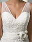 abordables Vestidos de novia-Corte en A Escote en Pico Larga Encaje Vestidos de novia hechos a medida con Cuentas / Apliques / Cinta / Lazo por LAN TING BRIDE® / Espalda Abierta