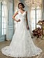 baratos Vestidos de Casamento-Linha A Decote V Cauda Escova Renda Vestidos de casamento feitos à medida com Miçangas / Apliques / Faixa / Fita de LAN TING BRIDE® / Sem costas