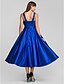 cheap Cocktail Dresses-A-Line Elegant Dress Wedding Guest Cocktail Party Tea Length Sleeveless Square Neck Stretch Satin with Criss Cross 2023