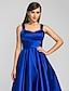 cheap Cocktail Dresses-A-Line Elegant Dress Wedding Guest Cocktail Party Tea Length Sleeveless Square Neck Stretch Satin with Criss Cross 2023