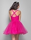 cheap Cocktail Dresses-A-Line Open Back Cute Cocktail Party Dress Straps Sleeveless Short / Mini Tulle with Ruched Crystals Ruffles 2022