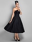 cheap Special Occasion Dresses-Ball Gown Little Black Dress Minimalist Elegant Cocktail Party Prom Dress V Wire Sleeveless Tea Length Taffeta with Pleats 2022
