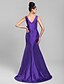 cheap Bridesmaid Dresses-Mermaid / Trumpet Bridesmaid Dress V Neck Sleeveless Elegant Sweep / Brush Train Taffeta with Bow(s) / Criss Cross / Ruched 2022