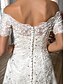 baratos Vestidos de Casamento-Linha A Ombro a Ombro Cauda Escova Cetim Vestidos de casamento feitos à medida com Miçangas / Apliques / Botão de LAN TING BRIDE®