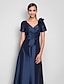 cheap Evening Dresses-A-Line Elegant Prom Formal Evening Military Ball Dress V Neck Short Sleeve Floor Length Taffeta with Ruched Side Draping Flower 2021