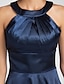preiswerte Brautjungfernkleider-A-Linien-Brautjungfernkleid mit Juwelenausschnitt, ärmellos, elegant, knielang, Stretch-Satin mit seitlicher Drapierung