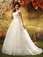 cheap Wedding Dresses-A-line Princess Queen Anne Sweep / Brush Train Tulle Wedding Dress with Beading Appliques Draped by LAN TING BRIDE®