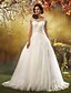 cheap Wedding Dresses-A-line Princess Queen Anne Sweep / Brush Train Tulle Wedding Dress with Beading Appliques Draped by LAN TING BRIDE®