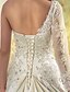 cheap Wedding Dresses-Fit &amp; Flare One Shoulder Chapel Train Satin / Tulle Made-To-Measure Wedding Dresses with Beading / Appliques / Button by LAN TING BRIDE®