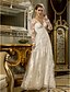 economico Abiti da sposa-Sheath / Column Wedding Dresses V Neck Floor Length Lace Tulle Long Sleeve Romantic Casual See-Through Illusion Sleeve with Sash / Ribbon Draping 2022