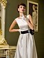 cheap Wedding Dresses-A-Line Wedding Dresses Bateau Neck Knee Length Satin Regular Straps with Bowknot Sash / Ribbon 2020