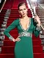 cheap Evening Dresses-Sheath / Column Celebrity Style Formal Evening Dress Plunging Neck Long Sleeve Sweep / Brush Train Jersey with Crystals 2022