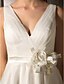 billige Brudekjoler-A-linje Brudekjoler V-hals Knælang Tyl Regelmæssige stropper Formelle Enkel Vintage Små Hvide Kjoler Plus Størrelser med Bælte / bånd Blomst Sidedrapering 2020