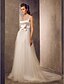cheap Wedding Dresses-A-Line Scoop Neck Sweep / Brush Train Tulle / Stretch Satin Made-To-Measure Wedding Dresses with Bowknot / Sash / Ribbon / Crystal Floral Pin by LAN TING BRIDE®