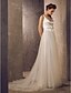 cheap Wedding Dresses-A-Line Scoop Neck Sweep / Brush Train Tulle / Stretch Satin Made-To-Measure Wedding Dresses with Bowknot / Sash / Ribbon / Crystal Floral Pin by LAN TING BRIDE®