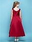 cheap Junior Bridesmaid Dresses-A-Line V Neck Tea Length Satin Junior Bridesmaid Dress with Criss Cross / Flower