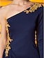 cheap Evening Dresses-Sheath / Column Celebrity Style Party Wear Formal Evening Dress One Shoulder Long Sleeve Ankle Length Jersey with Beading Draping Appliques 2022