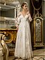 cheap Wedding Dresses-Sheath / Column Wedding Dresses V Neck Floor Length Lace Tulle Long Sleeve Romantic Casual See-Through Illusion Sleeve with Sash / Ribbon Draping 2022