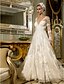 economico Abiti da sposa-Sheath / Column Wedding Dresses V Neck Floor Length Lace Tulle Long Sleeve Romantic Casual See-Through Illusion Sleeve with Sash / Ribbon Draping 2022