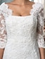 billiga Brudklänningar-Åtsmitande Bröllopsklänningar Fyrkantig hals Kort / mini Spets 3/4 ärm Liten vit klänning med Applikationsbroderi 2021