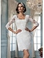 cheap Wedding Dresses-Sheath / Column Wedding Dresses Square Neck Short / Mini Lace 3/4 Length Sleeve Little White Dress with Appliques 2021