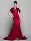 tanie Suknie wieczorowe-Syrena Elegancja Retro Kolacja oficjalna Sukienka W serek Krótki rękaw Tren w stylu sądowym Satyna z Drapowania boczna 2020