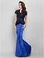 cheap Special Occasion Dresses-Mermaid / Trumpet Dress Holiday Cocktail Party Floor Length Short Sleeve V Neck Satin with Lace Appliques 2024